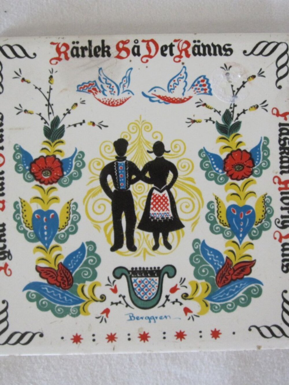 old Berggren Sweden 6"x6" Hot Plate Trivet - Couple with Doves